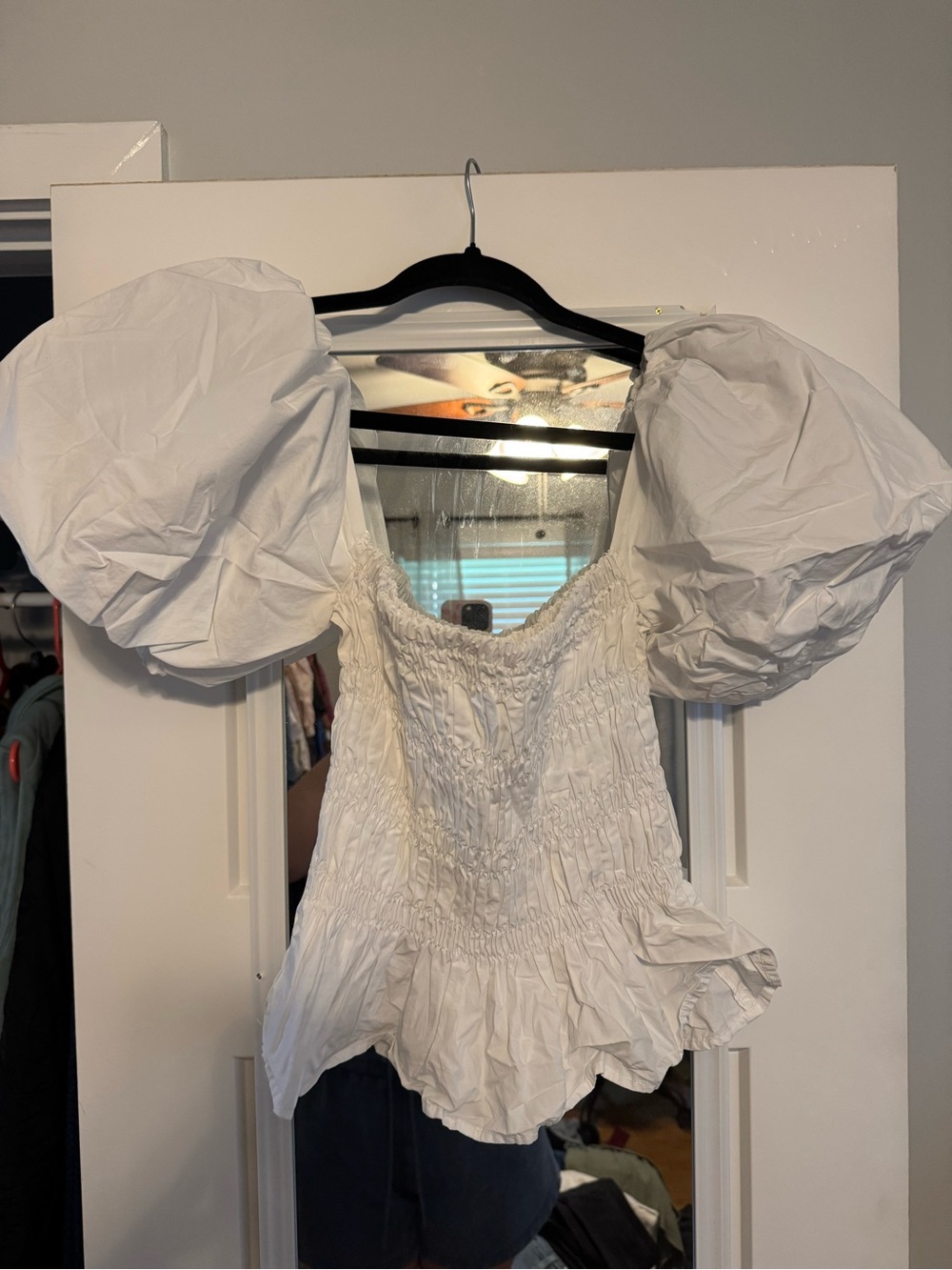 Astr White Puff-Sleeve Smocked Peplum Top
